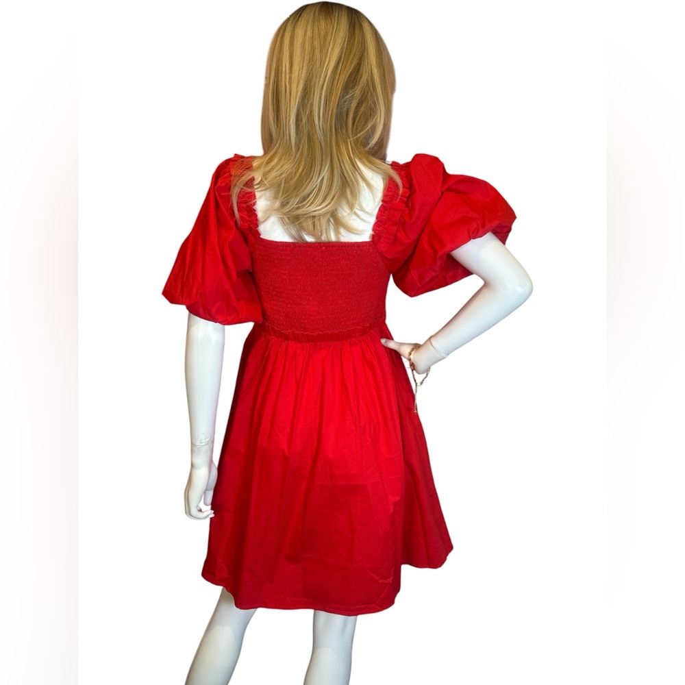 ODDI Red Puff-Sleeve Smocked Midi Dress NWT - Picture 5 of 8